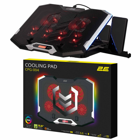 Подставка для ноутбука CPG-004, до 15.6 , 2xUSB-A, LCD/phone holder, RGB, чёрный